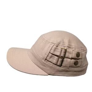 Tickled Pink Army Cap Hat Beige Gold OS Slideback Cotton Side Buckle Details